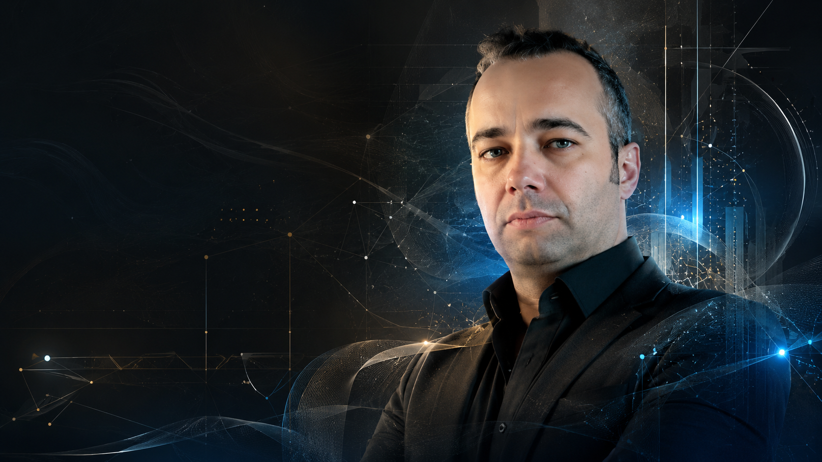 Ivan Pasev looking to the side against a dark abstract city and technology background.
